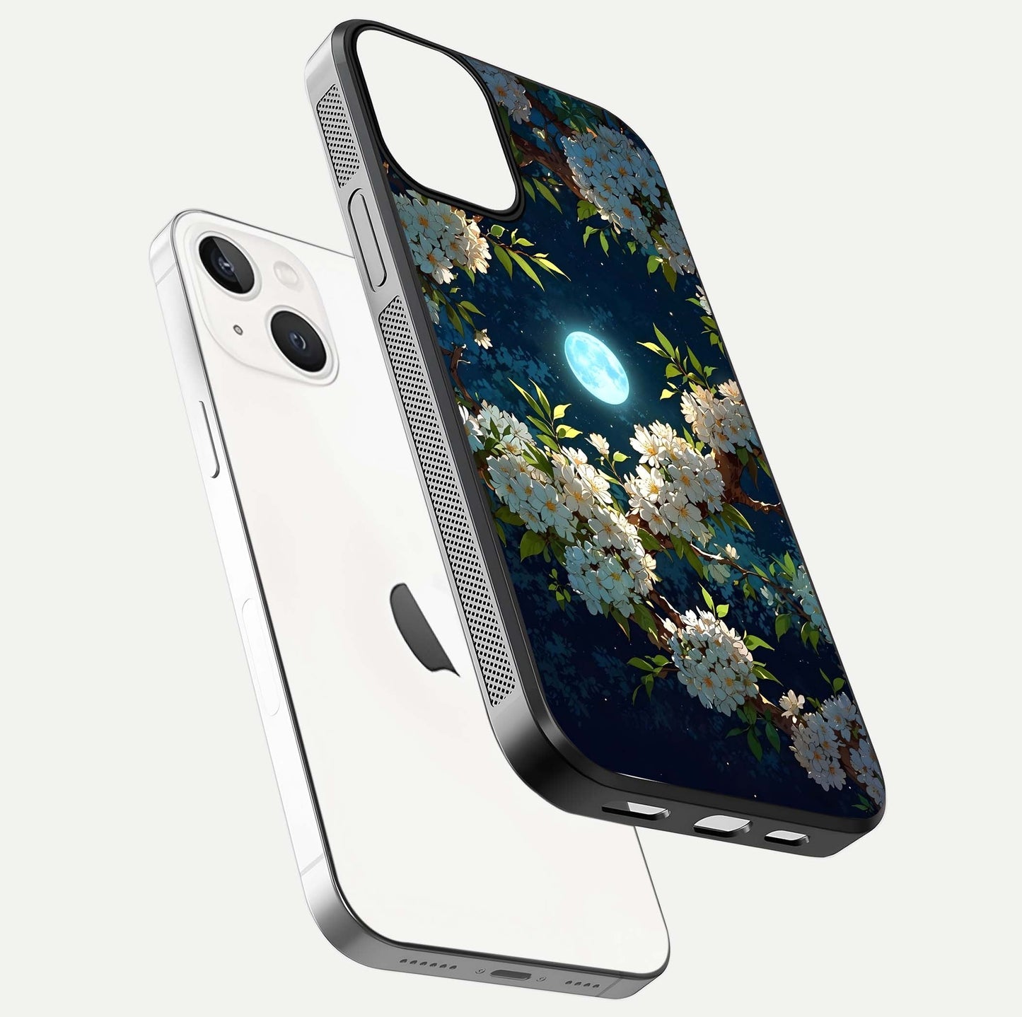 Moonlit Blossom Dream Glass Case for iPhone 13 Mini floating dual-view mockup showing gloss texture and floral tone