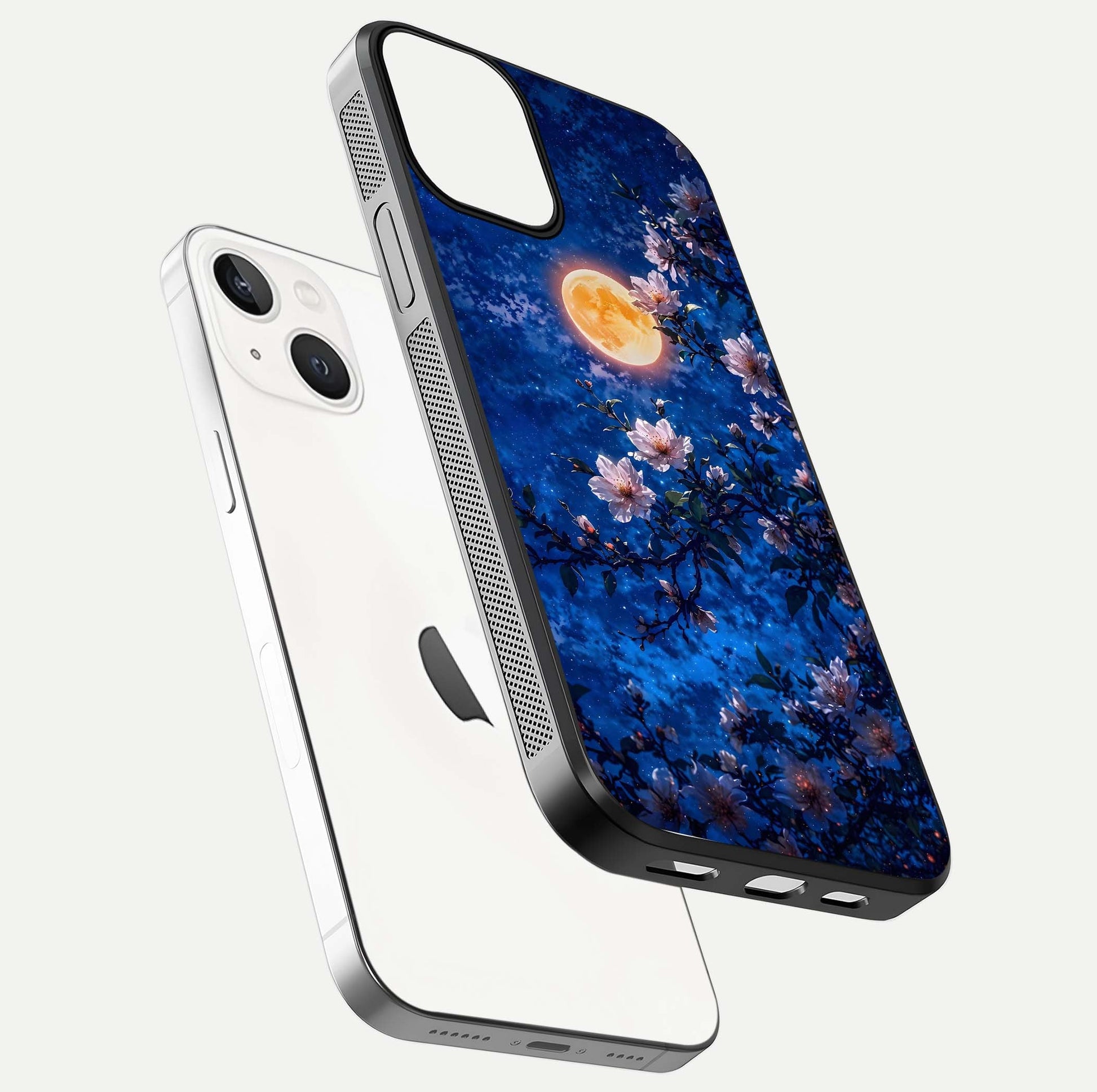 Moonlit Blossoms Night Glass Case for iPhone 13 Mini floating dual-view mockup showing HD gloss and floral contrast