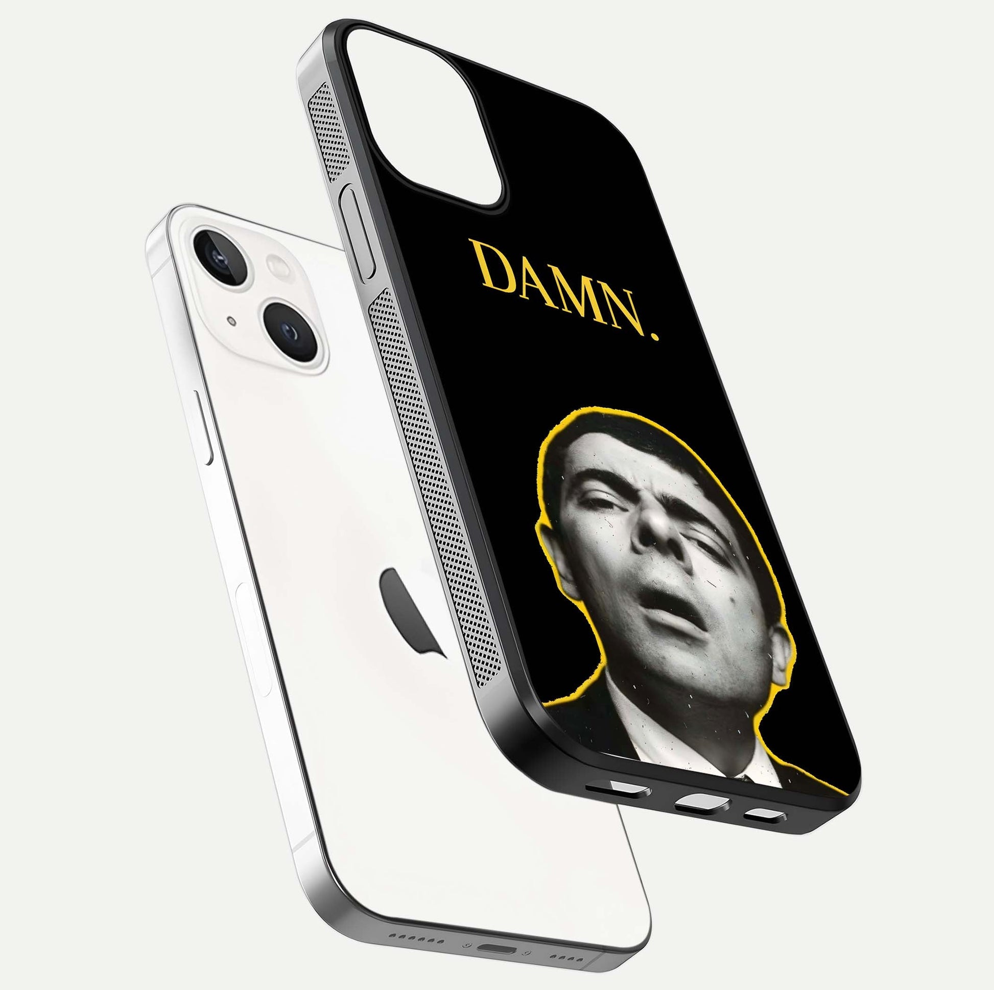 Mr Bean Damn Glass Case for iPhone 13 Mini floating dual-view mockup showing reflective gloss and vivid tones