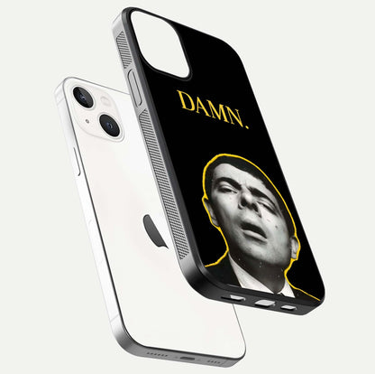 Mr Bean Damn Glass Case for iPhone 13 Mini floating dual-view mockup showing reflective gloss and vivid tones