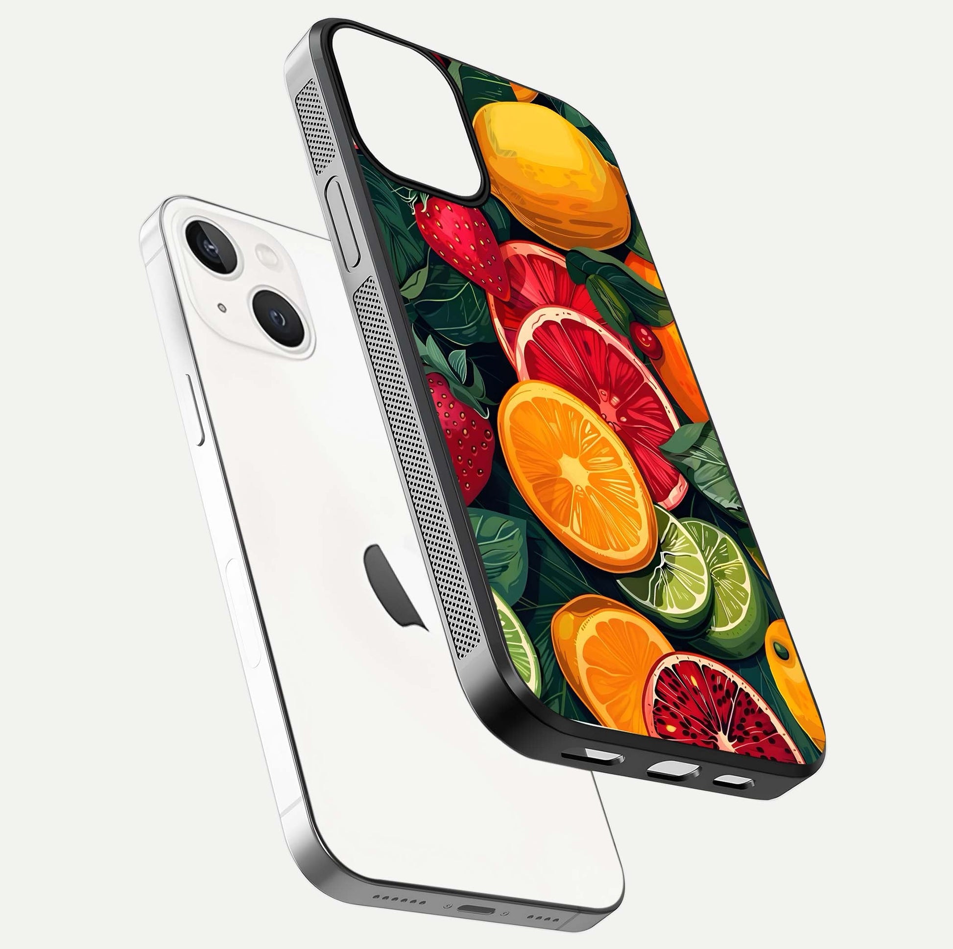 Multiple Fruits Glass Case for iPhone 13 Mini floating dual-view mockup showing reflection depth and freshness