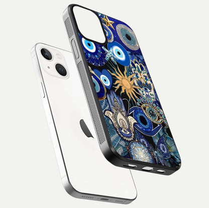 Mystic Blue Evil Eye Glass Case for iPhone 13 Mini floating dual-view mockup showing gloss depth and sacred symbol