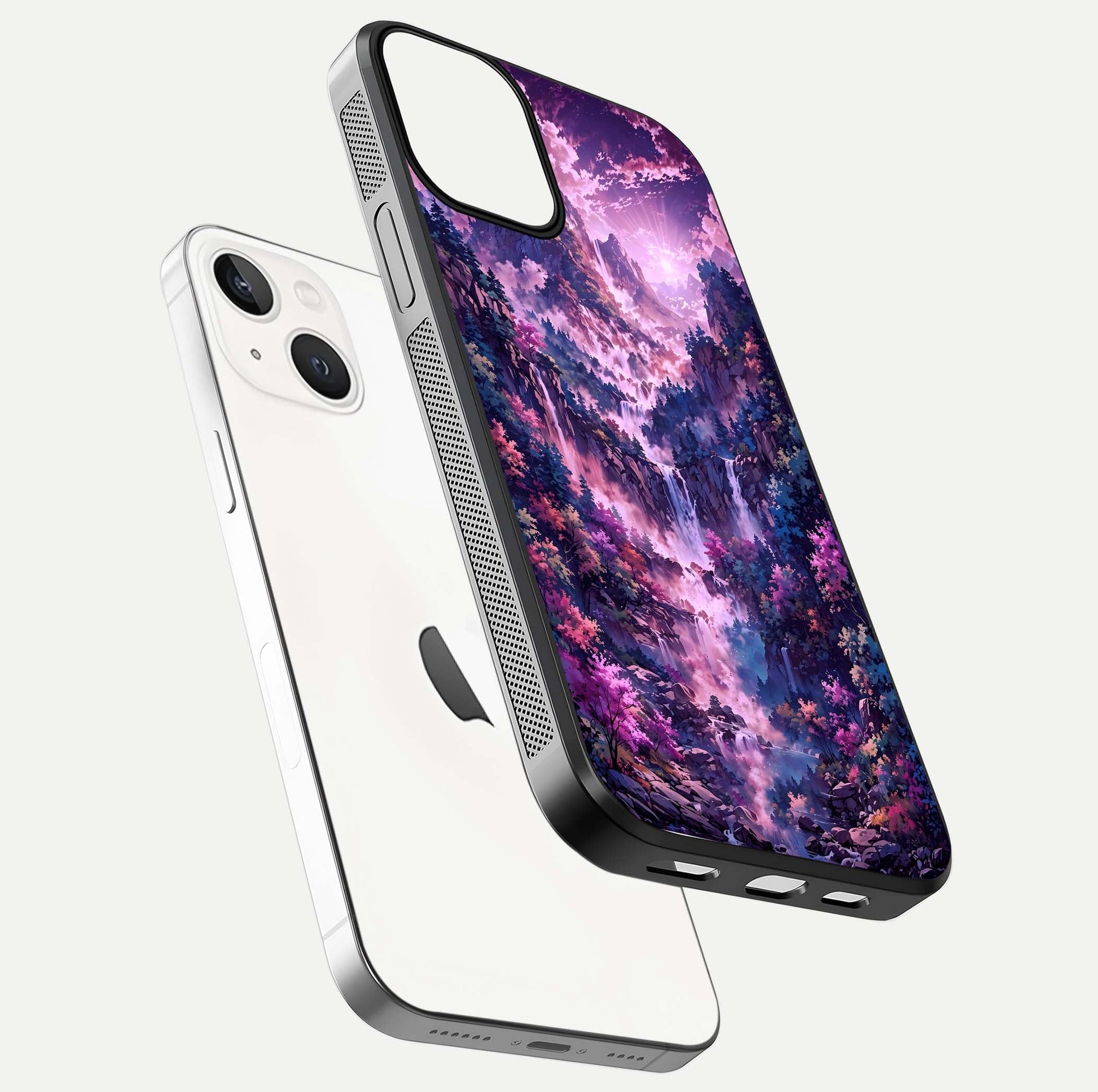 Mystic Cascade Peaks Glass Case for iPhone 13 Mini floating dual-view mockup showing gloss texture and depth