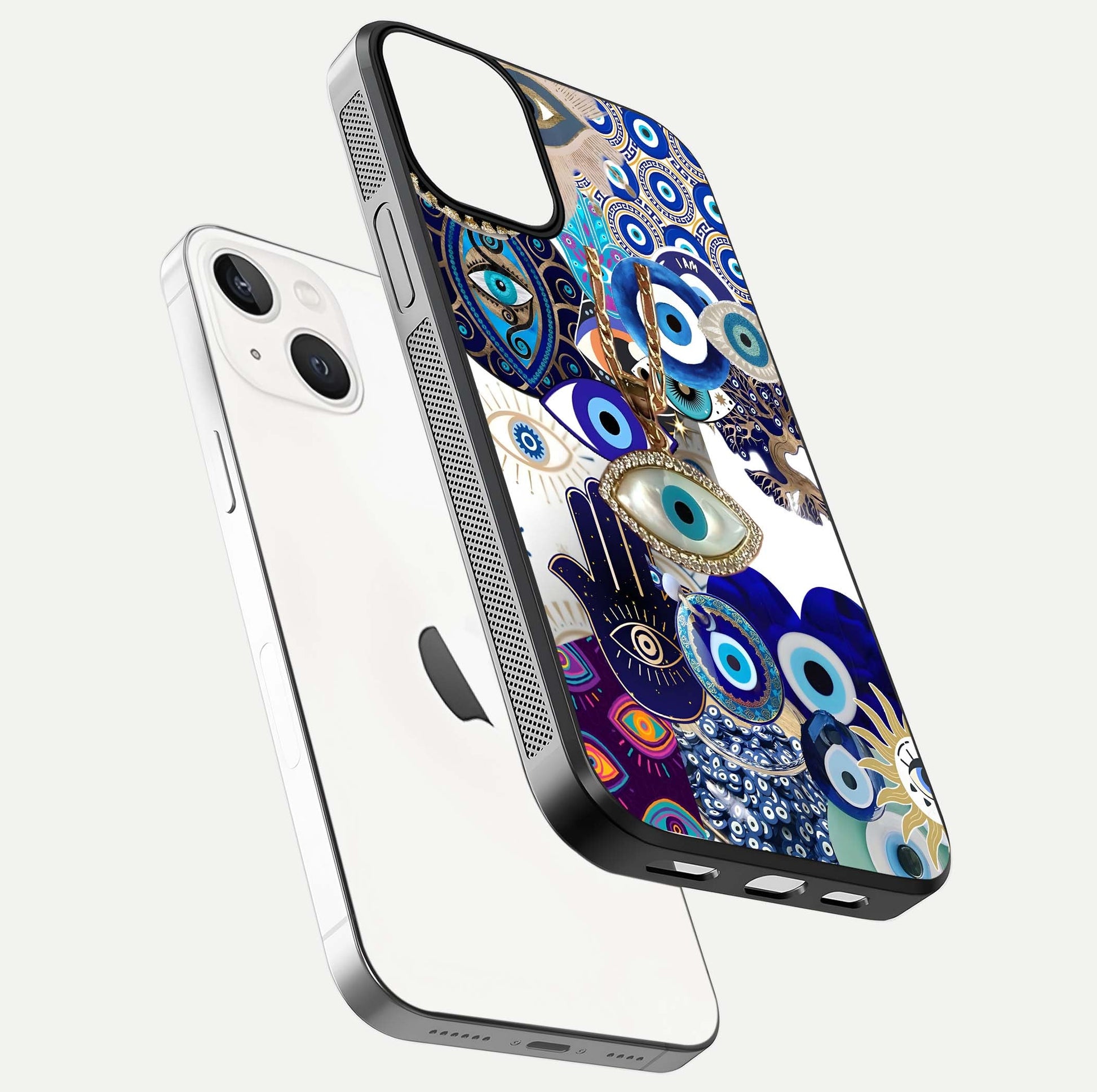 Mystic Charm Eye Glass Case for iPhone 13 Mini floating dual-view mockup showing gloss glow and charm symbol