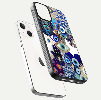 Mystic Charm Eye Glass Case for iPhone 13 Mini floating dual-view mockup showing gloss glow and charm symbol