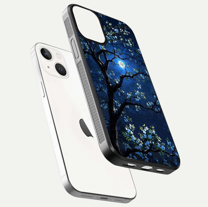 Mystic Floral Night Glass Case for iPhone 13 Mini floating dual-view mockup displaying shine and rich color depth