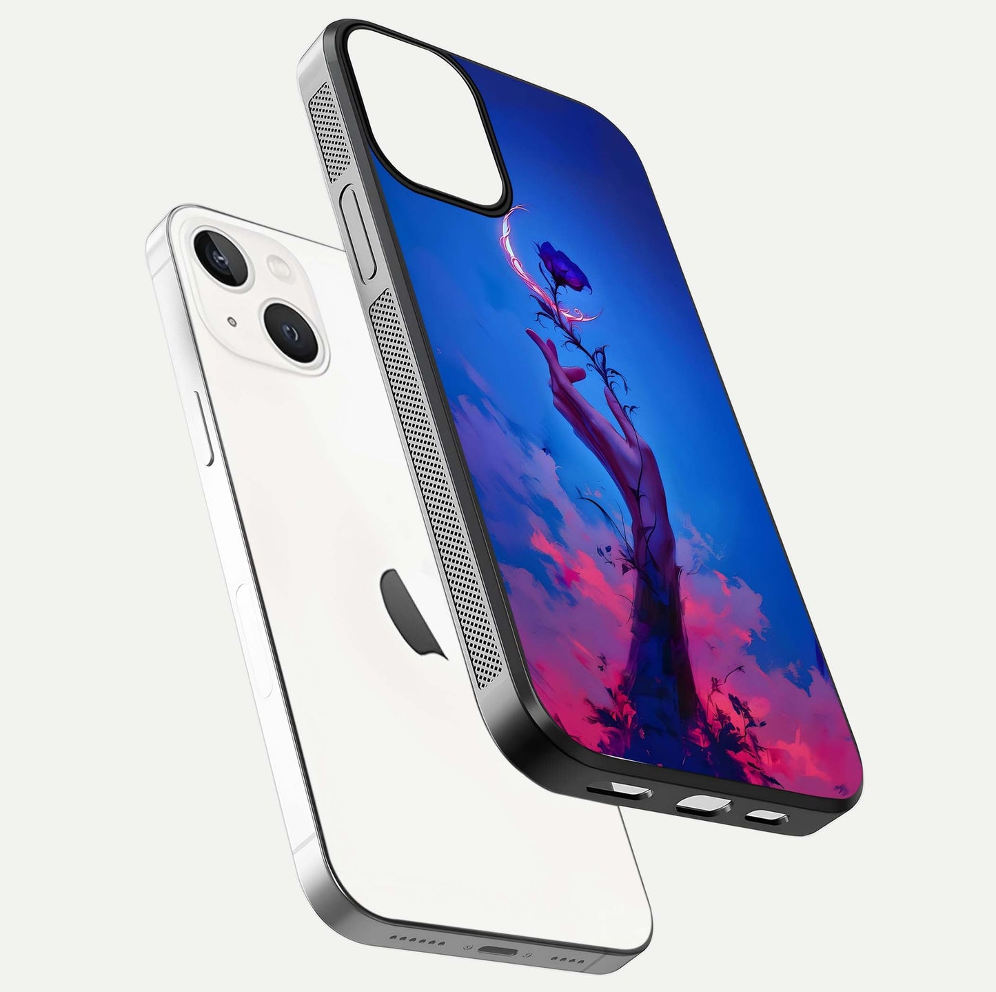Mystic Hand Glass Case for iPhone 13 Mini floating dual-view mockup showing HD shine and fine palm detail