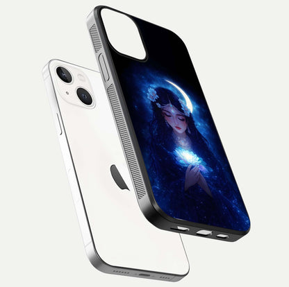 Mystic Moon Queen Glass Case for iPhone 13 Mini floating dual-view mockup showing HD gloss and cosmic glow