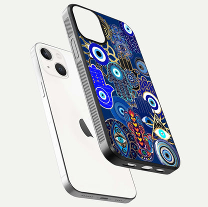 Mystic Palm Guard Glass Case for iPhone 13 Mini floating dual-view mockup showing HD reflection and vivid tone