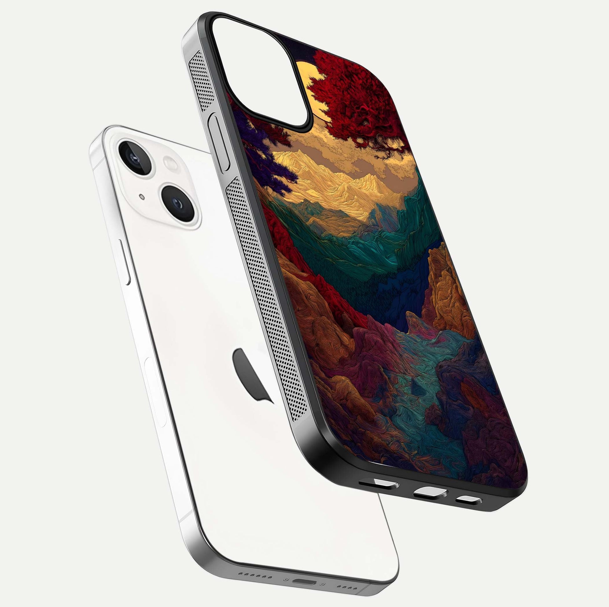 Mystic Valley Light Glass Case for iPhone 13 Mini floating dual-view mockup showing HD gloss and light blend