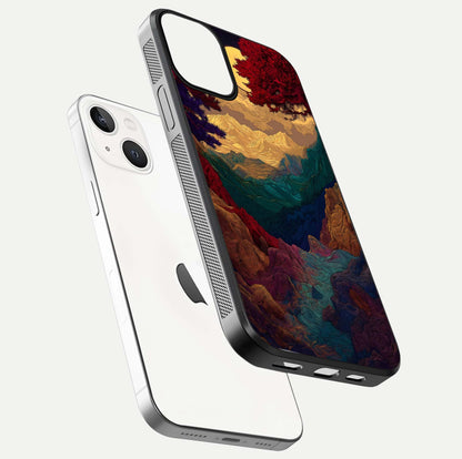 Mystic Valley Light Glass Case for iPhone 13 Mini floating dual-view mockup showing HD gloss and light blend