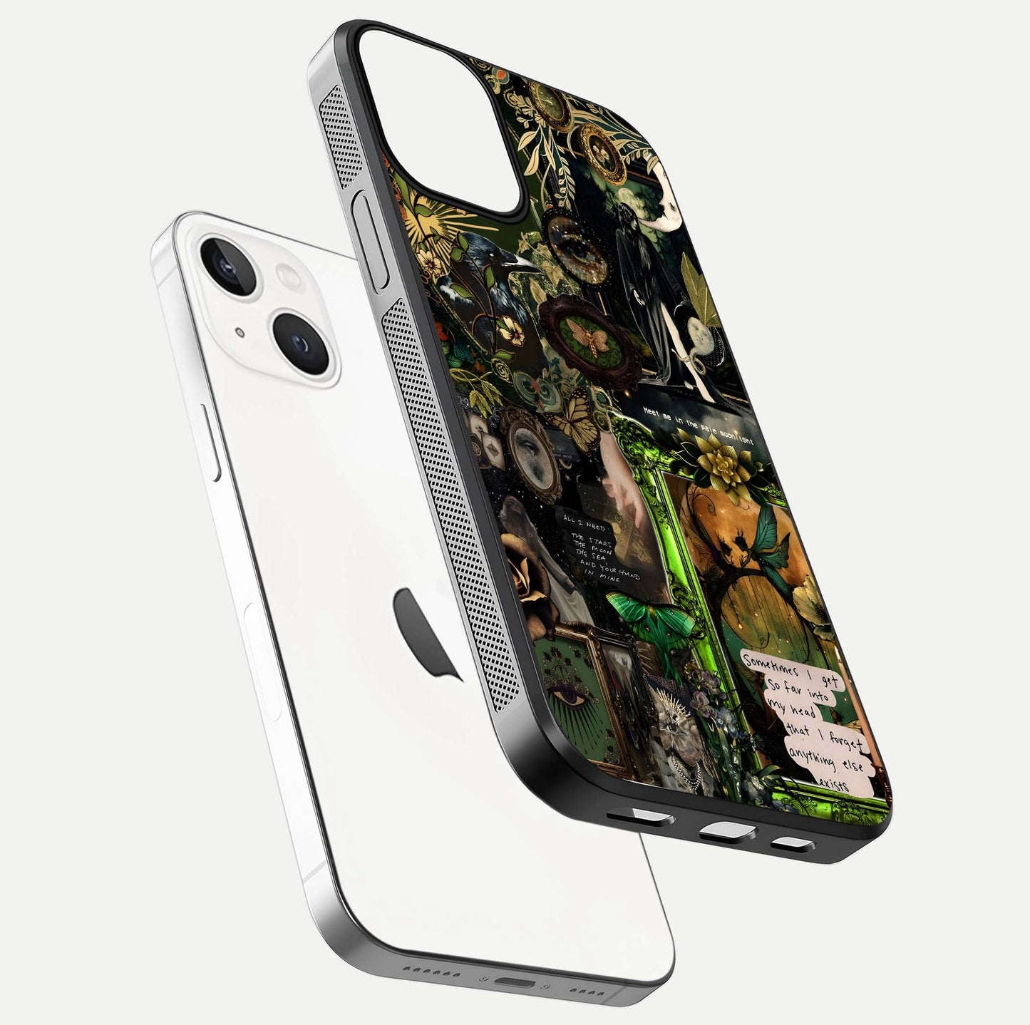 Mystic Woods Secret Glass Case for iPhone 13 Mini floating dual-view mockup showing HD shine and depth