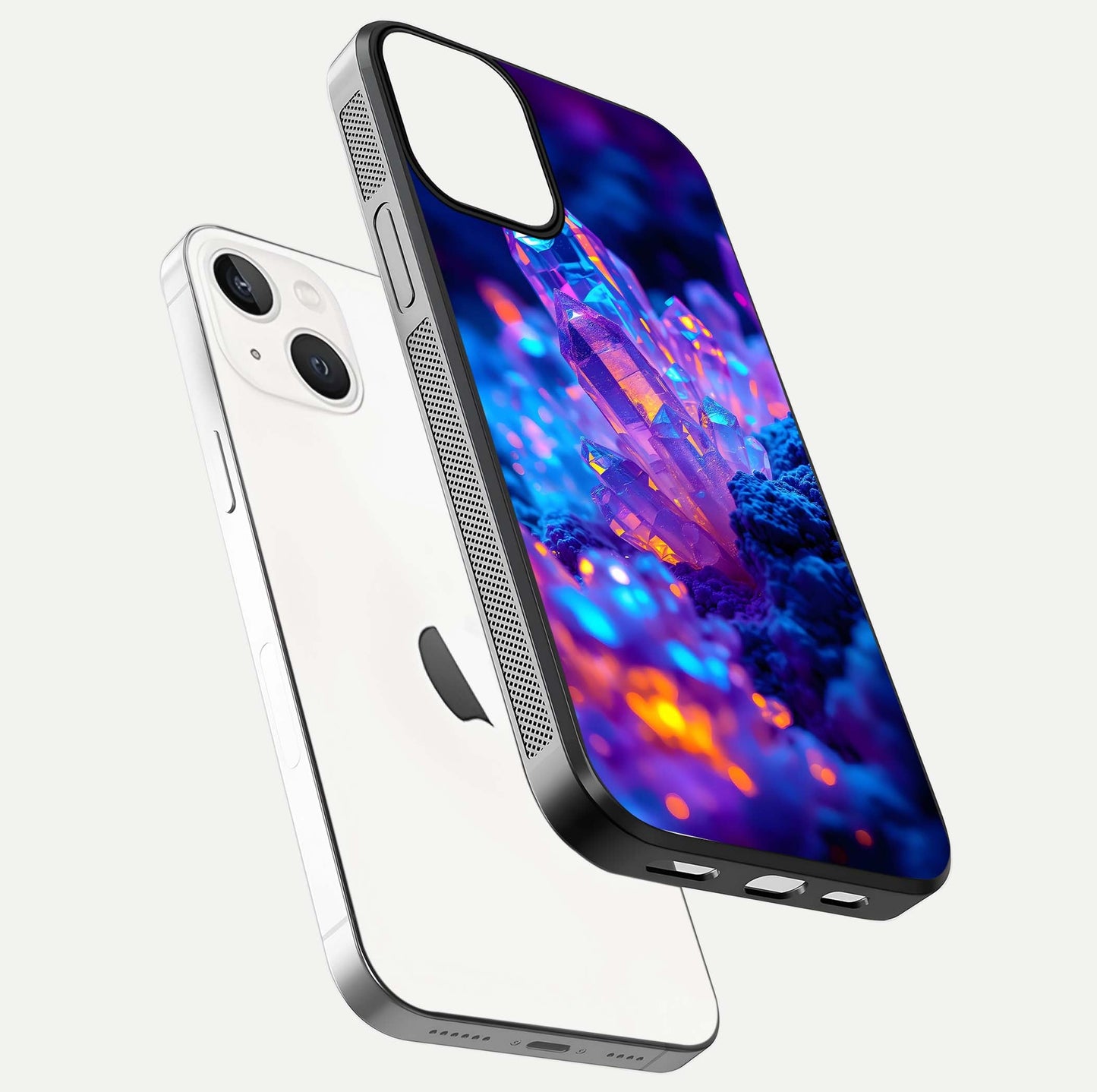 Neon Aura Shards Glass Case for iPhone 13 Mini floating dual-view mockup showing HD shine and shard texture