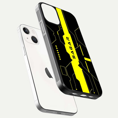 Neon CYBERPUNK Custom Name Glass Case for iPhone 13 Mini floating dual-view mockup showing HD shine and neon lines