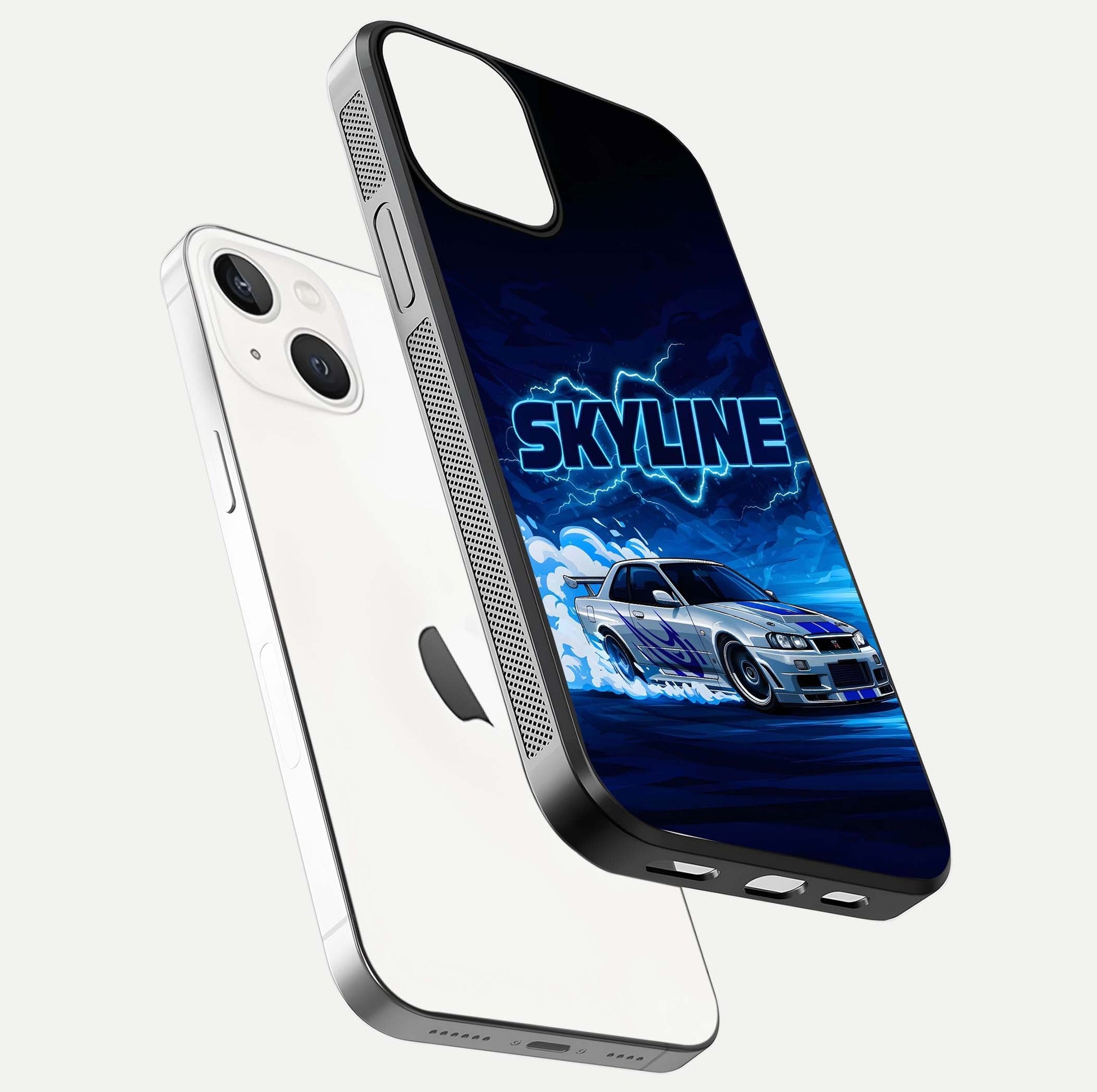 Neon Drift Beast Glass Case for iPhone 13 Mini floating dual-view mockup showing gloss texture and motion glow