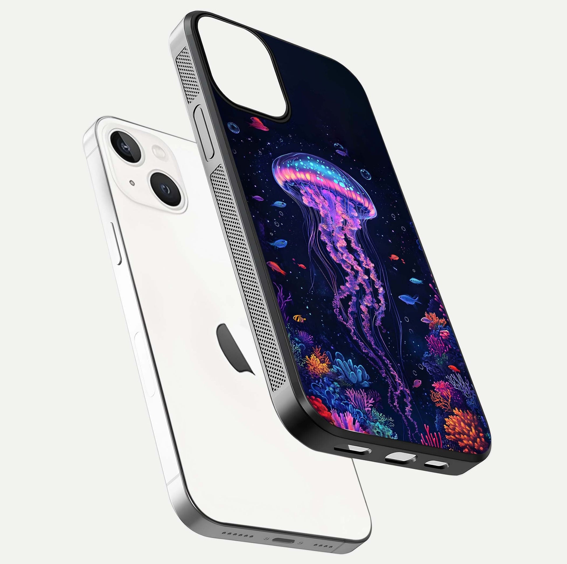 Neon Jellyfish Glass Case for iPhone 13 Mini floating dual-view mockup showing gloss texture and underwater glow