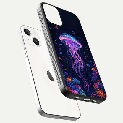 Neon Jellyfish Glass Case for iPhone 13 Mini floating dual-view mockup showing gloss texture and underwater glow