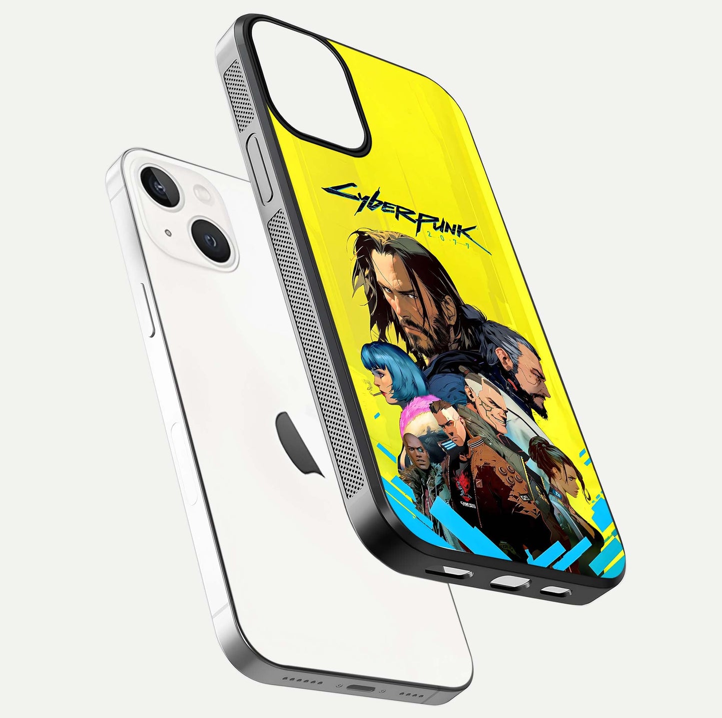 Neon Rebel Genesis Glass Case for iPhone 13 Mini floating dual-view mockup showing electric glow and depth