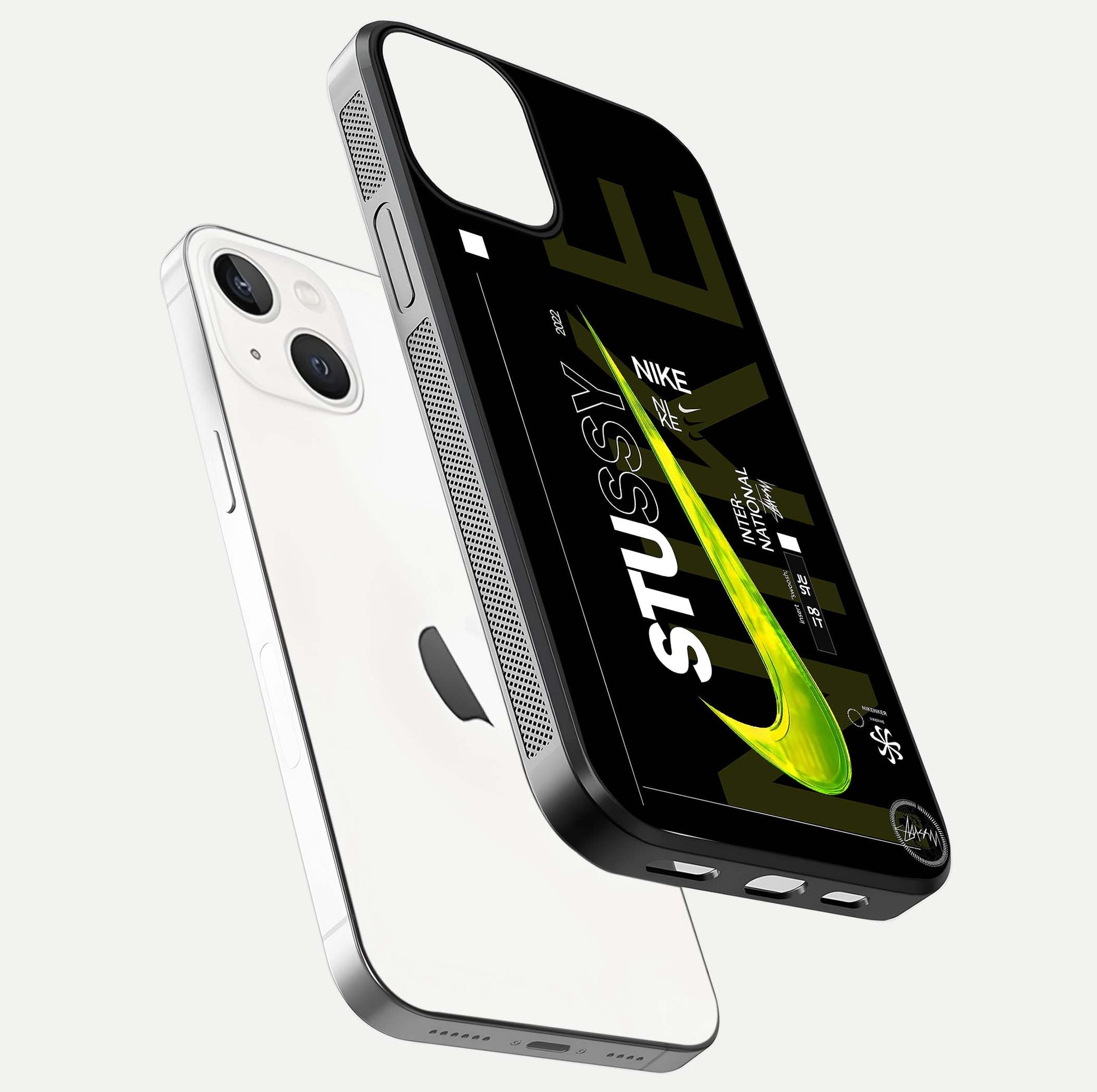Neon Street Edition Glass Case for iPhone 13 Mini floating dual-view mockup showing HD gloss and neon glow