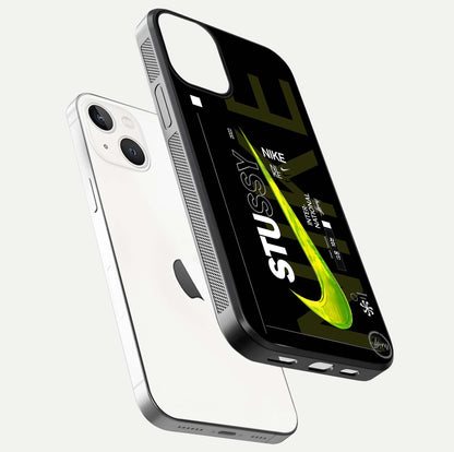 Neon Street Edition Glass Case for iPhone 13 Mini floating dual-view mockup showing HD gloss and neon glow