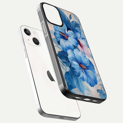 Ocean Hibiscus Grace Glass Case for iPhone 13 Mini floating dual-view mockup showing gloss reflection and print clarity