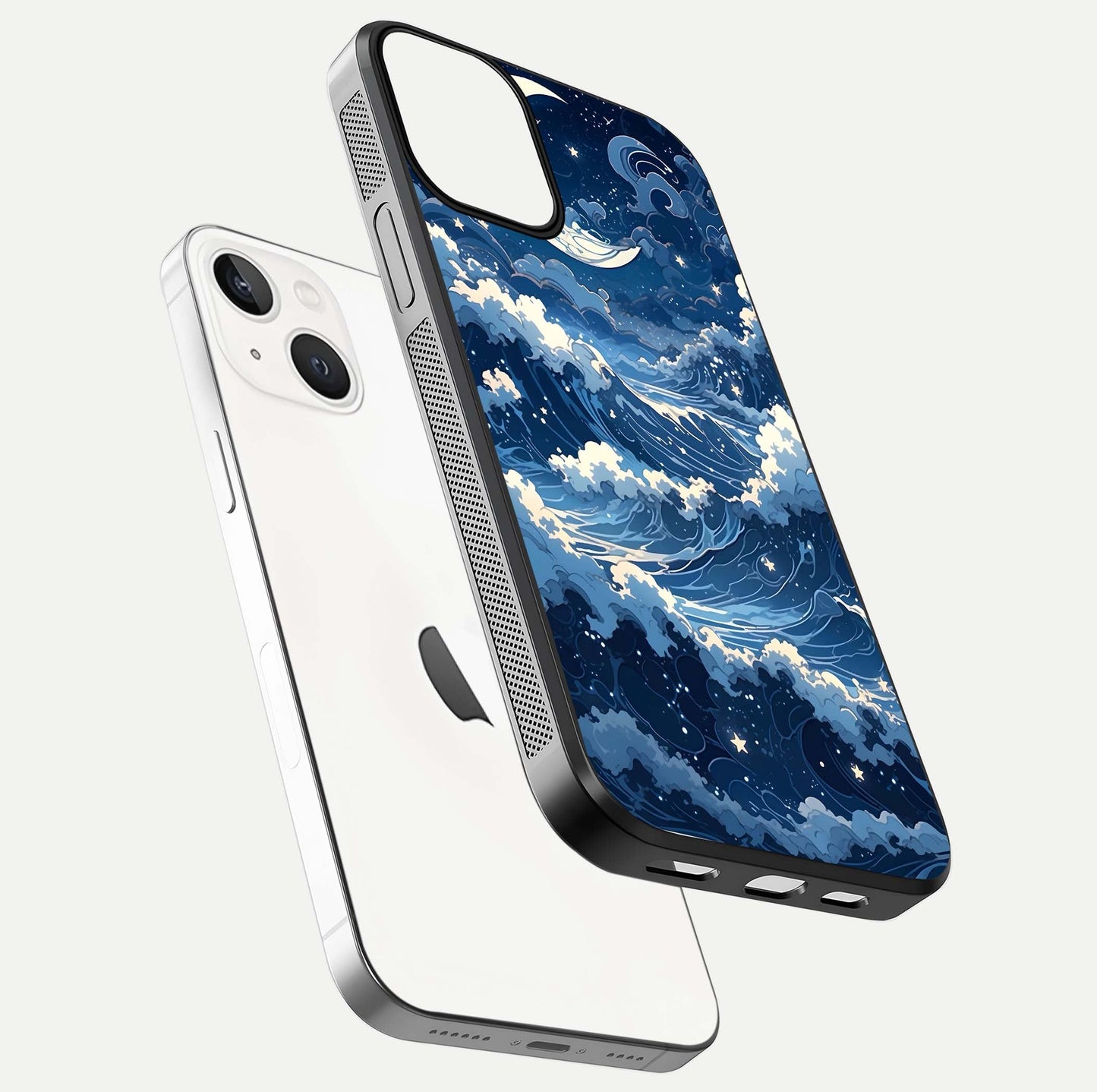 Ocean Moon Waves Glass Case for iPhone 13 Mini floating dual-view mockup showing gloss texture and moon glow