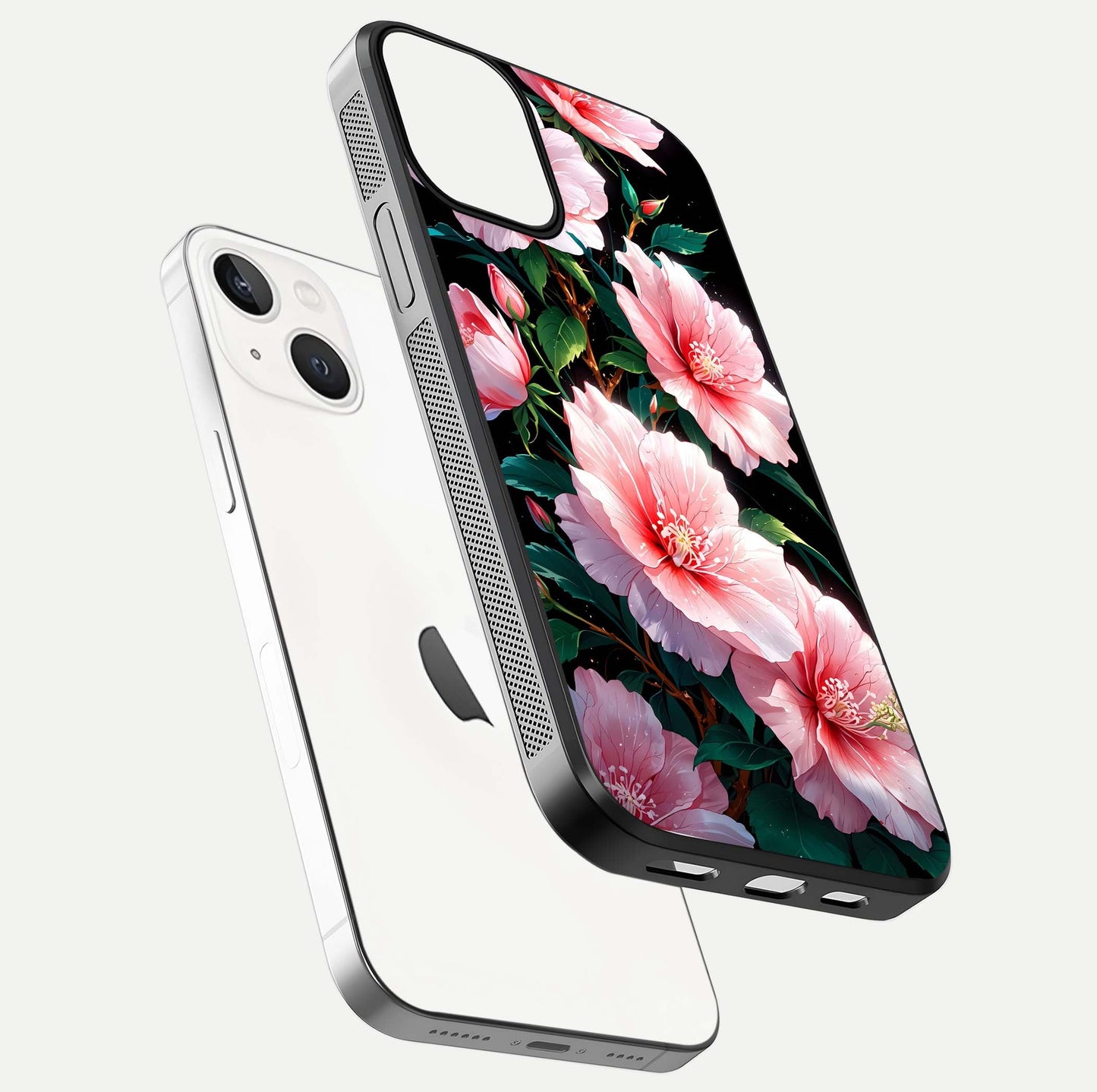Peach Flower Glass Case for iPhone 13 Mini floating dual-view mockup displaying shine and delicate flower art