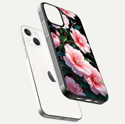 Peach Flower Glass Case for iPhone 13 Mini floating dual-view mockup displaying shine and delicate flower art