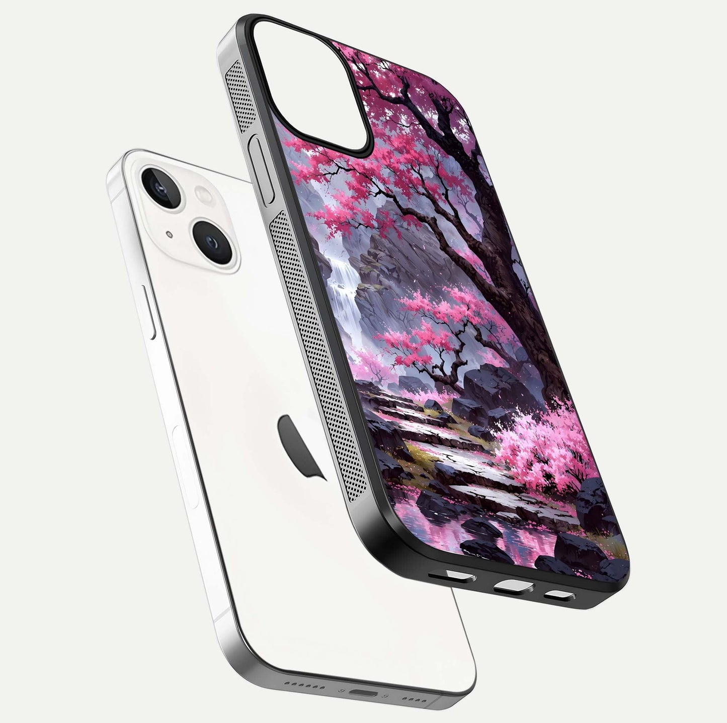 Pinkish Scenery Glass Case for iPhone 13 Mini floating dual-view mockup displaying gloss shine and artistic tone
