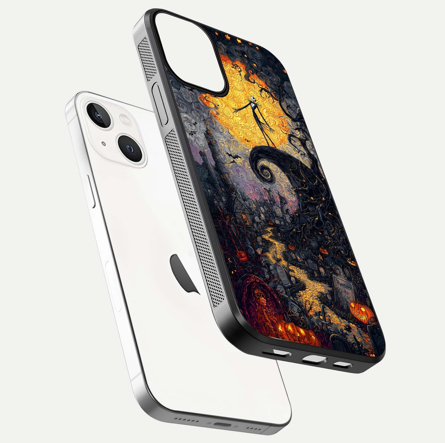 Pumpkin Moon Night Glass Case for iPhone 13 Mini floating dual-view mockup showing HD gloss and spooky detail