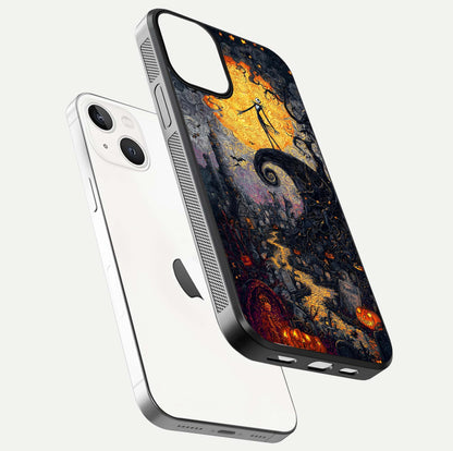 Pumpkin Moon Night Glass Case for iPhone 13 Mini floating dual-view mockup showing HD gloss and spooky detail