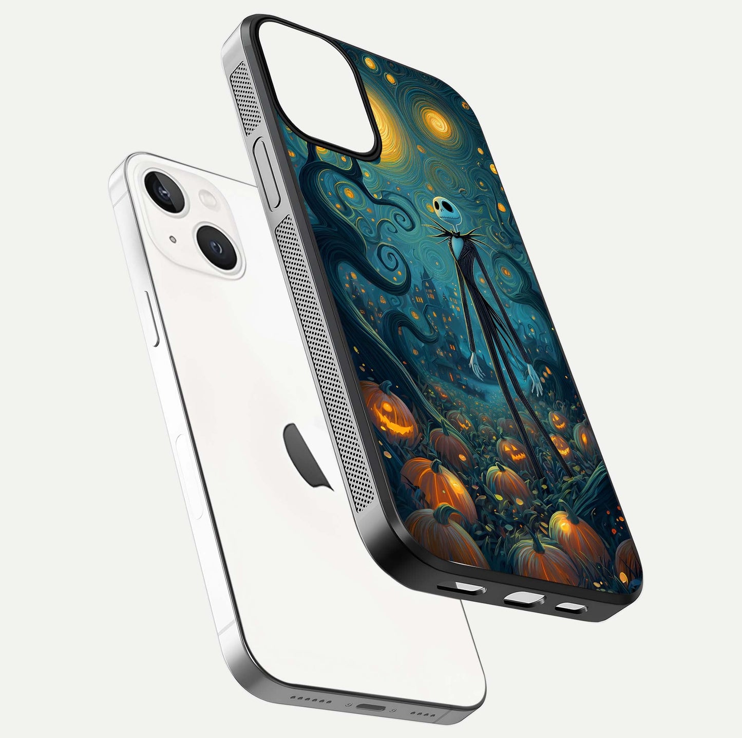 Pumpkin Moonlight Tale Glass Case for iPhone 13 Mini floating dual-view mockup showing HD gloss and eerie design