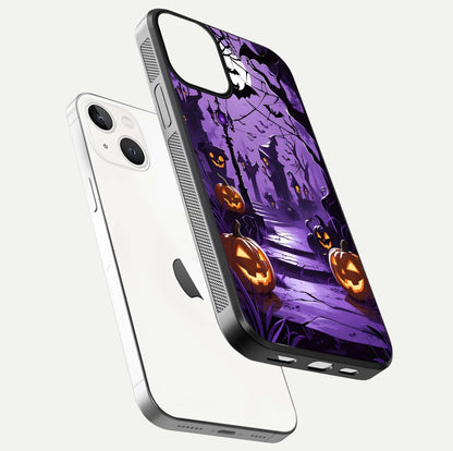 Pumpkin Patch Halloween Glass Case for iPhone 13 Mini floating dual-view mockup displaying gloss and dark tone