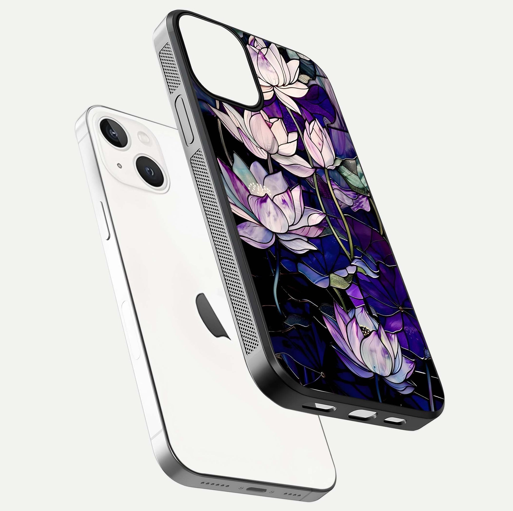 Purple Lotus Pattern Glass Case for iPhone 13 Mini floating dual-view mockup showing glass shine and vivid purple hue
