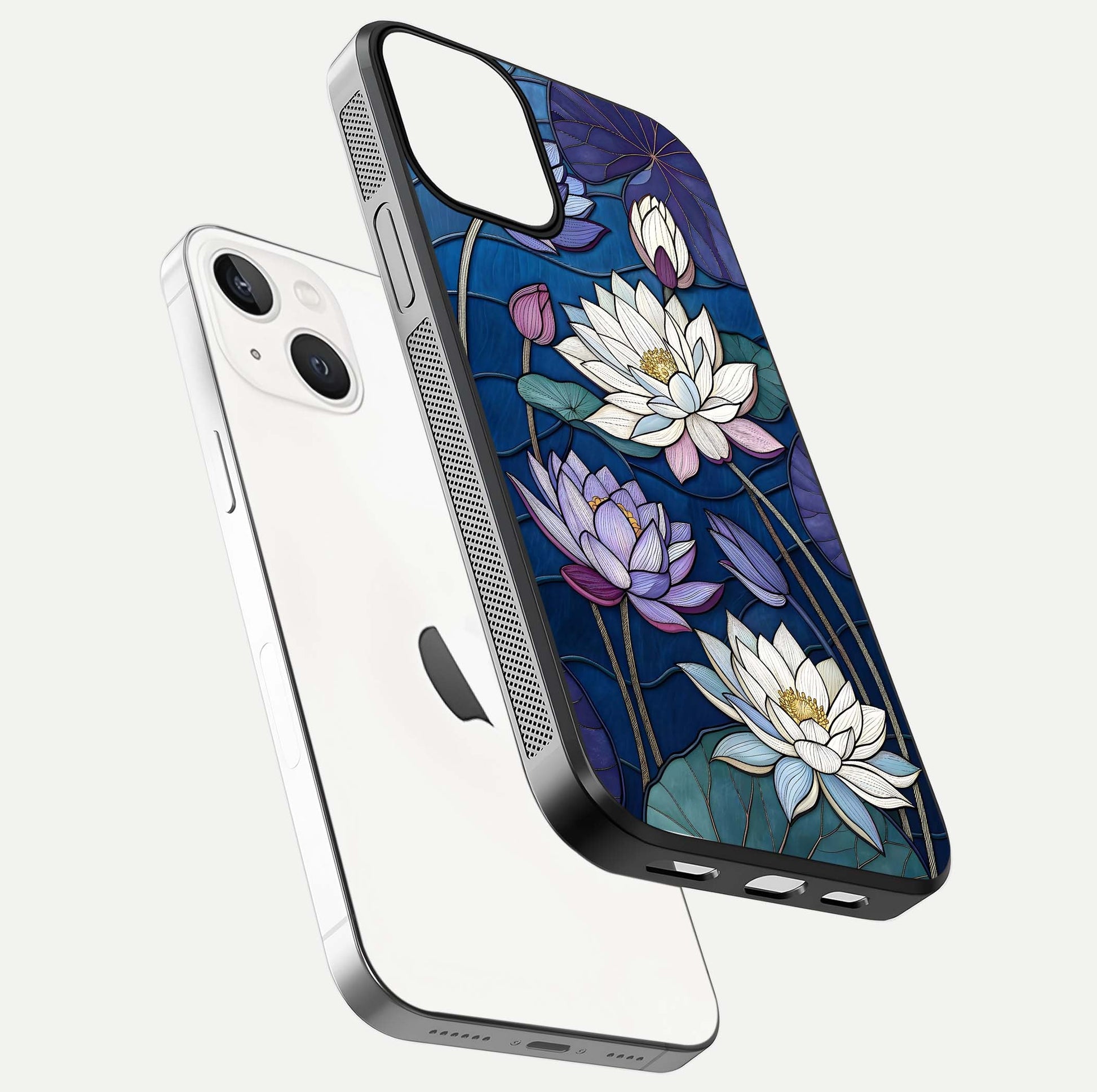 Purple Lotus Stained Glass Case for iPhone 13 Mini floating dual-view mockup displaying color depth and glass clarity