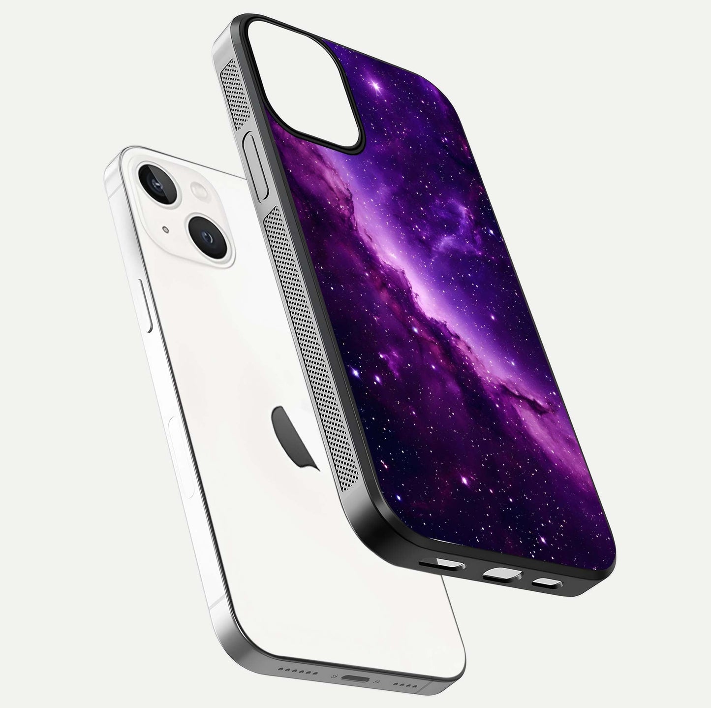 Purple Shade Sky Glass Case for iPhone 13 Mini floating dual-view mockup displaying gloss and sky theme