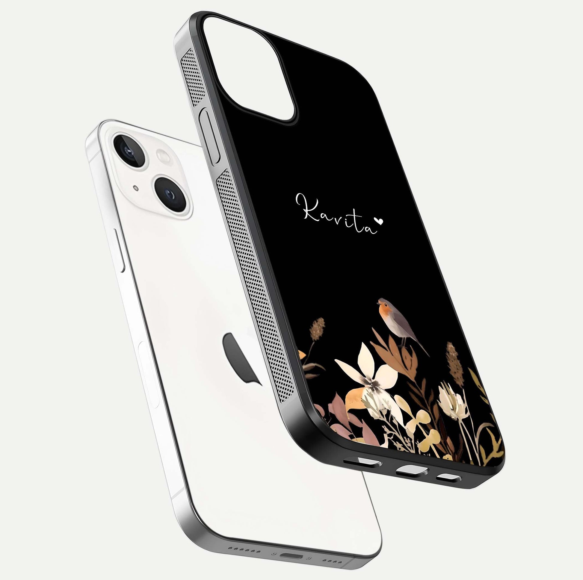 Quiet Garden Tune Custom Name Glass Case for iPhone 13 Mini floating dual-view mockup showing gloss and elegant detail
