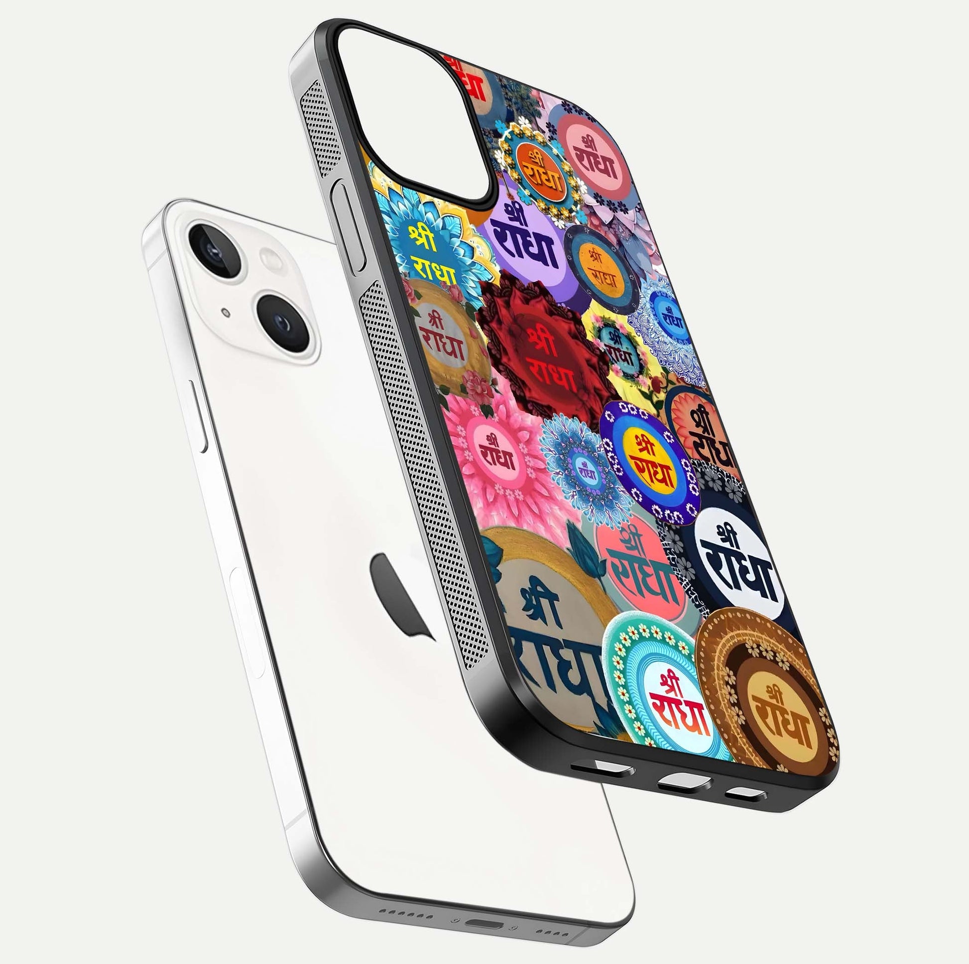 Radha Divine Bloom Glass Case for iPhone 13 Mini floating dual-view mockup showing gloss depth and HD art