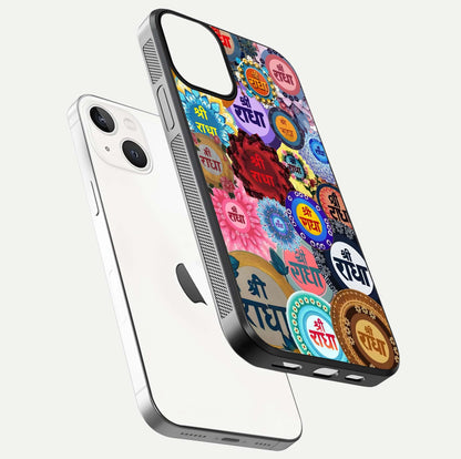 Radha Divine Bloom Glass Case for iPhone 13 Mini floating dual-view mockup showing gloss depth and HD art