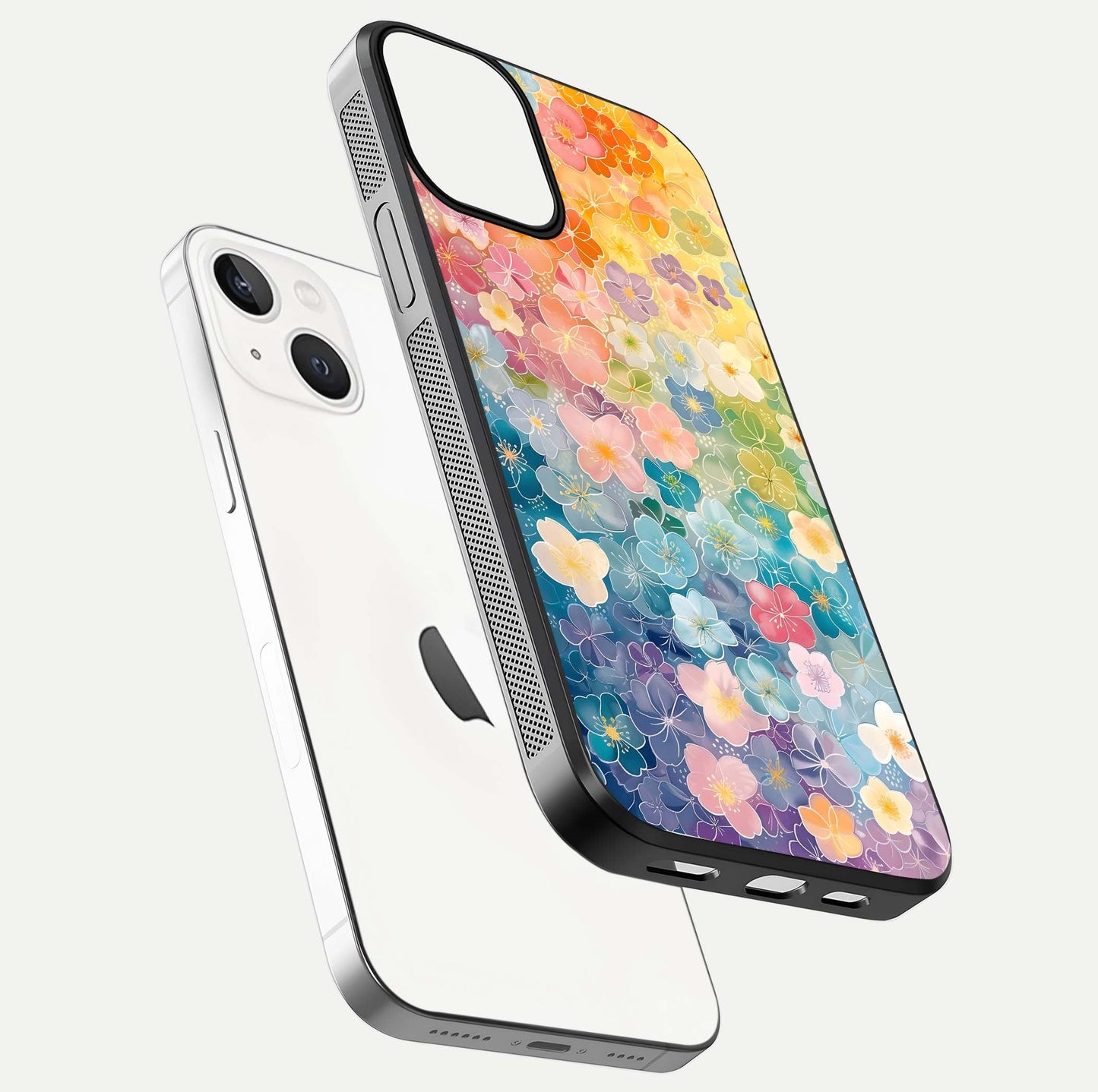 Rainbow Blossom Burst Glass Case for iPhone 13 Mini floating dual-view mockup displaying gloss and gradient pattern