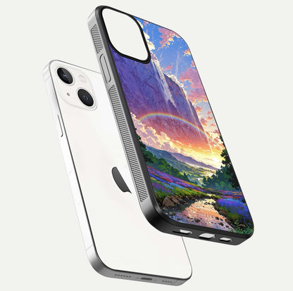 Rainbow Valley Dream Glass Case for iPhone 13 Mini floating dual-view mockup showing gloss texture and dream vibe