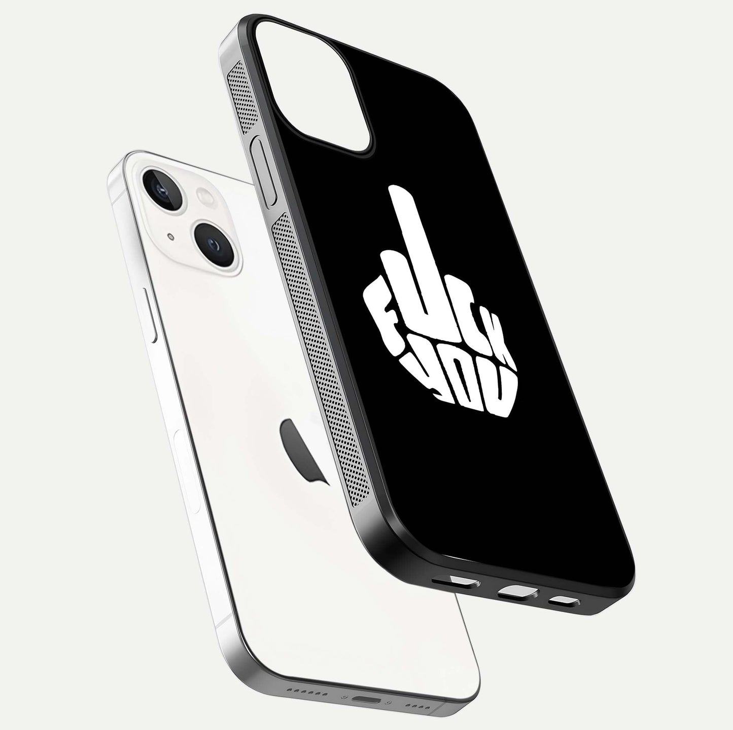 Rebel Mode On Glass Case for iPhone 13 Mini floating dual-view mockup displaying gloss shine and statement art