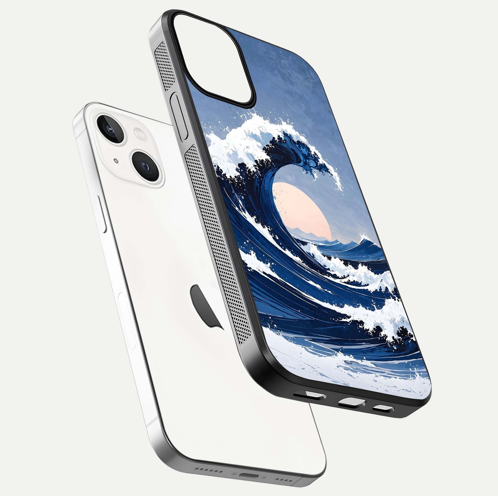 Rising Tide Power Glass Case for iPhone 13 Mini floating dual-view mockup displaying gloss texture and flow pattern