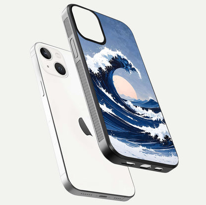 Rising Tide Power Glass Case for iPhone 13 Mini floating dual-view mockup displaying gloss texture and flow pattern