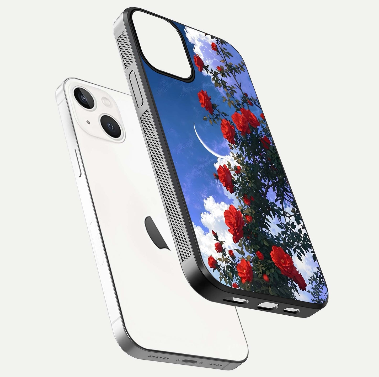 Rose Drift Flowers Glass Case for iPhone 13 Mini floating dual-view mockup showing gloss shine and floral tone