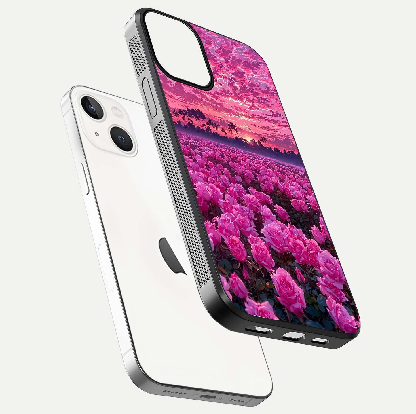 Rose Sunset Valley Glass Case for iPhone 13 Mini floating dual-view mockup showing gloss reflection and art depth