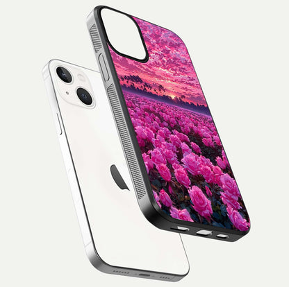 Rose Sunset Valley Glass Case for iPhone 13 Mini floating dual-view mockup showing gloss reflection and art depth