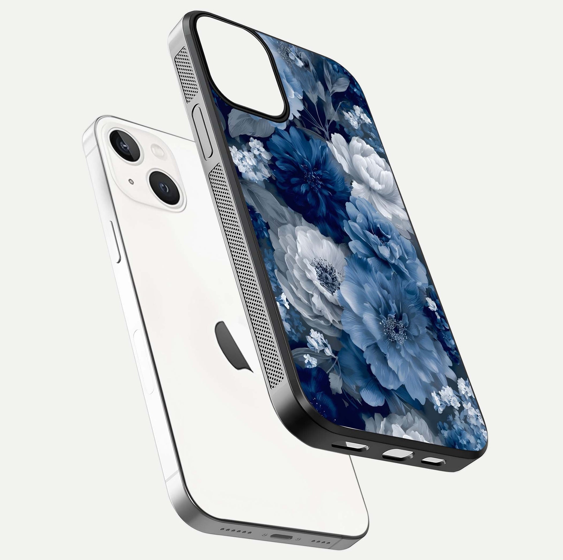Royal Bloom Garden Glass Case for iPhone 13 Mini floating dual-view mockup displaying gloss and print clarity