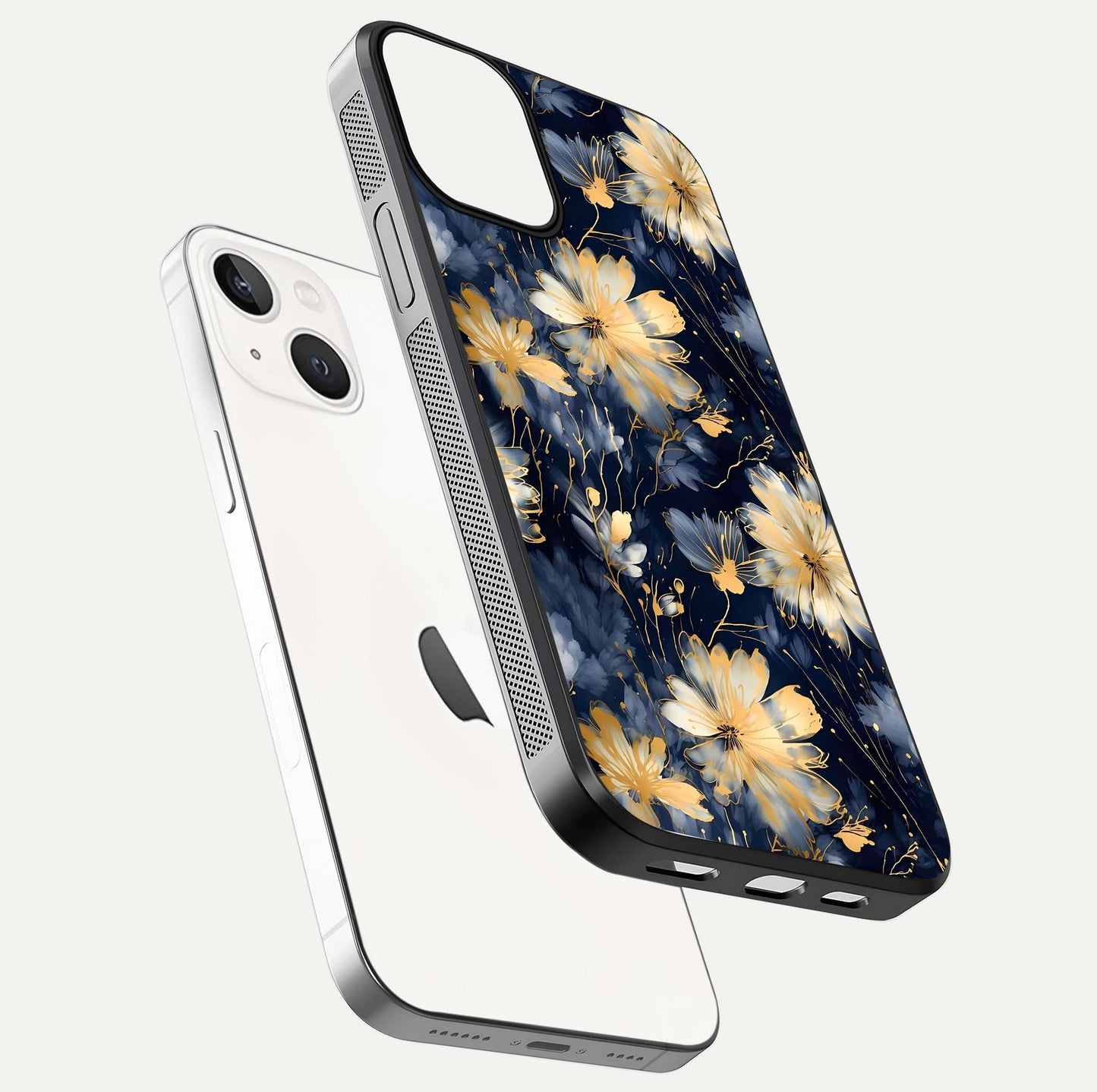 Royal Petal Dream Glass Case for iPhone 13 Mini floating dual-view mockup displaying gloss reflection and tone contrast