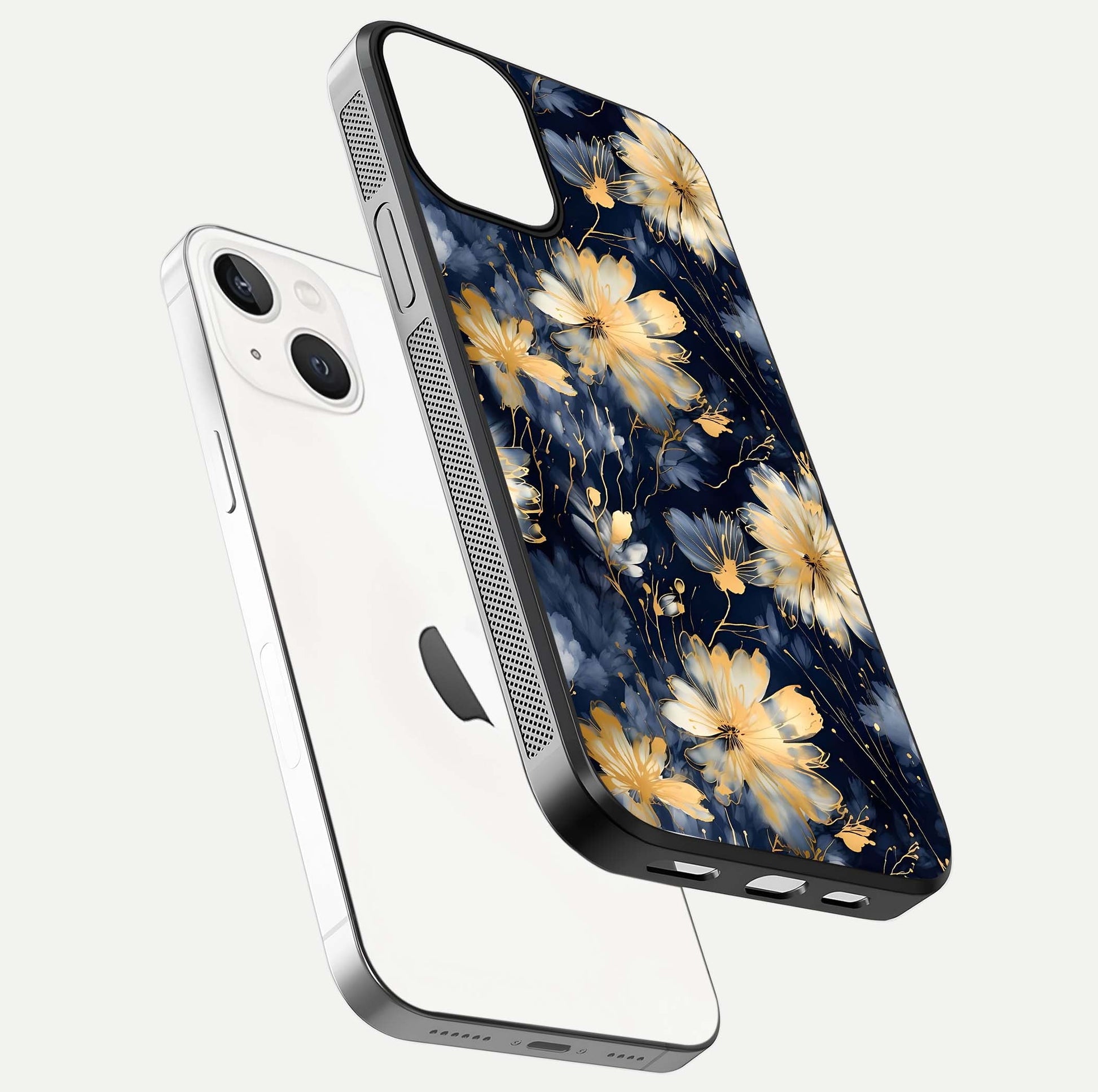 Royal Petal Dream Glass Case for iPhone 13 Mini floating dual-view mockup displaying gloss reflection and tone contrast